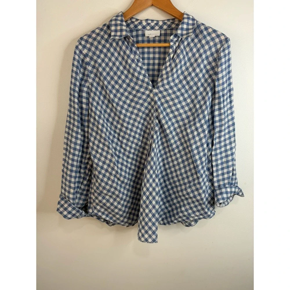J Jill Love Linen Blue Gingham 100% Linen Top & Pants Set Womens M Coastal Lux